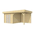 Vuren Topvision Bosuil, 300 x 300 en luifel 400 cm, wanden antraciet en basis wit.