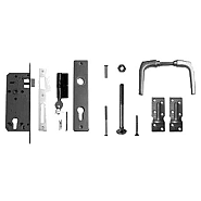 Aluminium deurklink met langschild, cilinderslot en duimen, t.b.v. deuren op stalen frame.