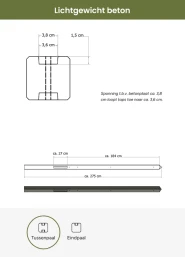 Lichtgewicht betonpaal met diamantkop ongecoat 8,5x8,5x280 cm, tussenpaal, grijs.