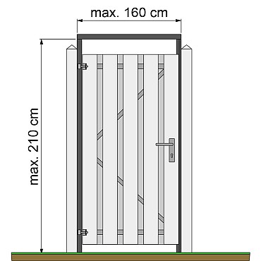 Tuindeurkozijn geschaafd naaldhout met aanslaglat, max. 160 cm breed, geïmpregneerd en zwart gedompeld.