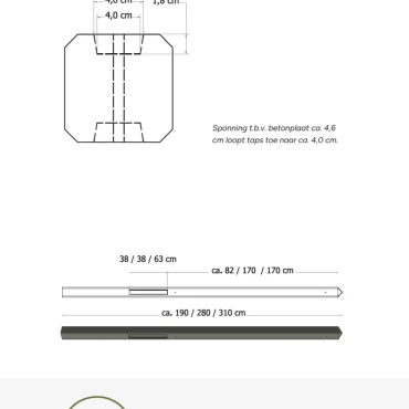 Betonpaal glad met diamantkop 10 x 10 x 310 cm, antraciet gecoat, tussenpaal t.b.v. 2 betonplaten.