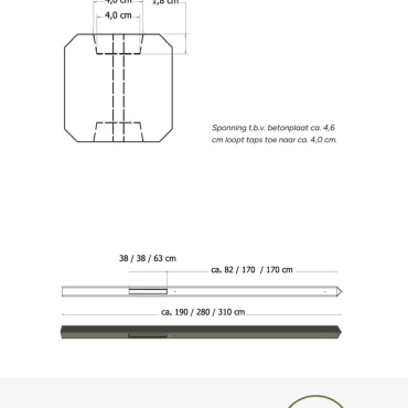 Betonpaal glad met diamantkop 10x10x190 cm, antraciet ongecoat, eindpaal t.b.v. scherm 90 cm hoog.