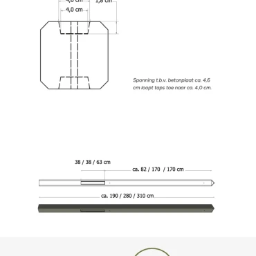 Betonpaal glad met diamantkop 10 x 10 x 280 cm, antraciet gecoat, T-paal.