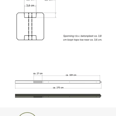 Lichtgewicht betonpaal met diamantkop ongecoat 8,5x8,5x280 cm, tussenpaal, antraciet.