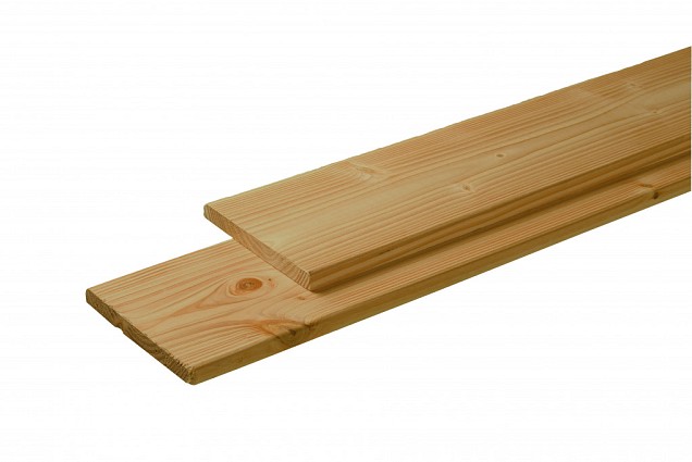 Douglas plank 1 zijde geschaafd, 1 zijde fijnbezaagd 2,8 x 24,5 x 400 cm, groen geïmpregneerd.