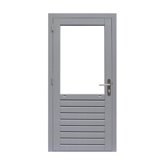 Hardhouten enkele 1-ruits deur Prestige met dubbelglas, rechtsdraaiend, 109 x 221 cm, grijs gegrond.
