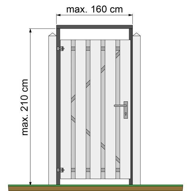 Tuindeurkozijn geschaafd naaldhout met aanslaglat, max. 160 cm breed, geïmpregneerd en zwart gedompeld.