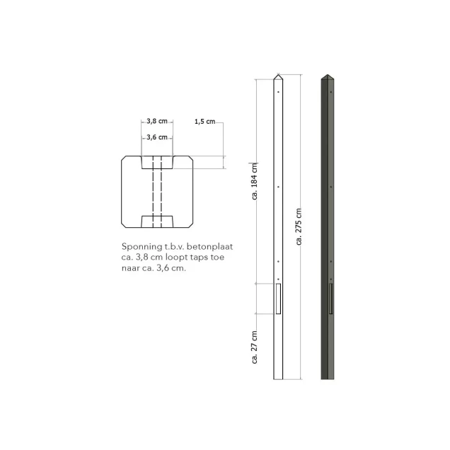 Lichtgewicht betonpaal met diamantkop ongecoat 8,5x8,5x280 cm, tussenpaal, antraciet.