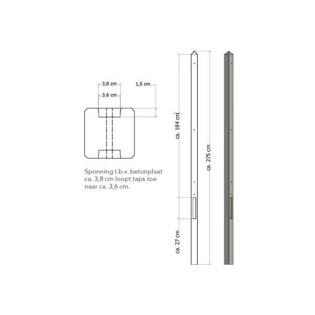 Lichtgewicht betonpaal met diamantkop ongecoat 8,5x8,5x280 cm, tussenpaal, grijs.