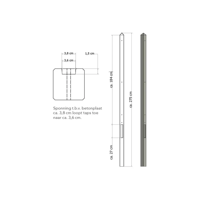 Lichtgewicht betonpaal met diamantkop ongecoat 8,5x8,5x280 cm, eindpaal, grijs.