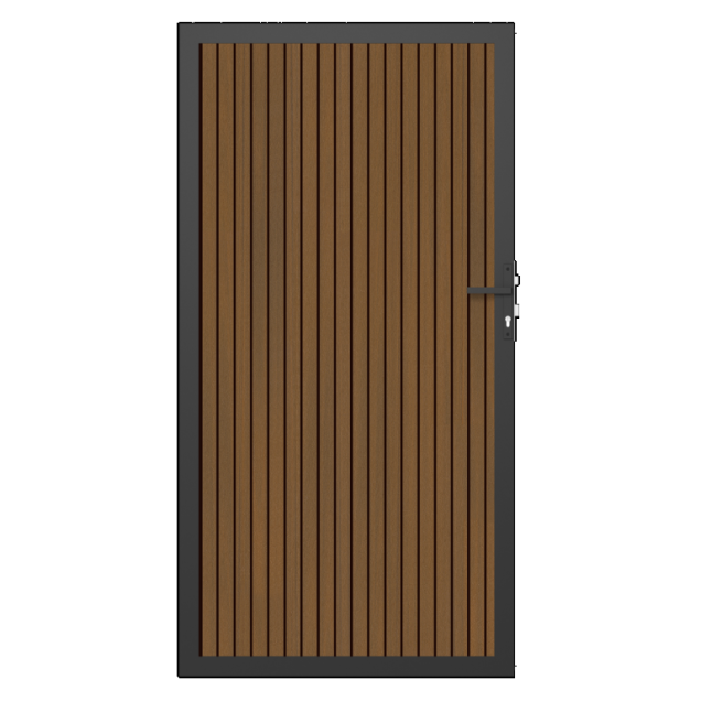 NewTechWood co-extrusie composiet deur in aluminium frame, verticaal triple, 100 x 195 cm, Teak/zwart.