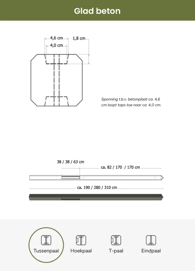 Betonpaal glad met diamantkop 10 x 10 x 310 cm, antraciet gecoat, tussenpaal t.b.v. 2 betonplaten.