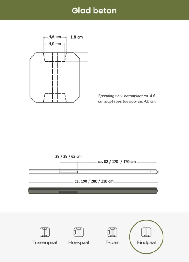 Betonpaal glad met diamantkop 10x10x190 cm, antraciet gecoat, eindpaal t.b.v. scherm 90 cm hoog.