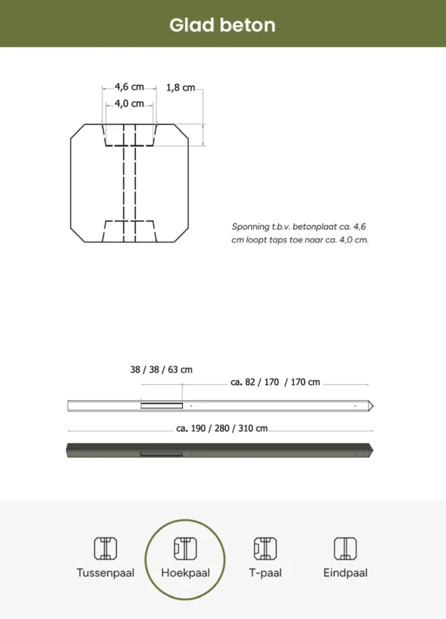 Betonpaal glad met diamantkop 10 x 10 x 310 cm, antraciet gecoat, hoekpaal t.b.v. 2 betonplaten.