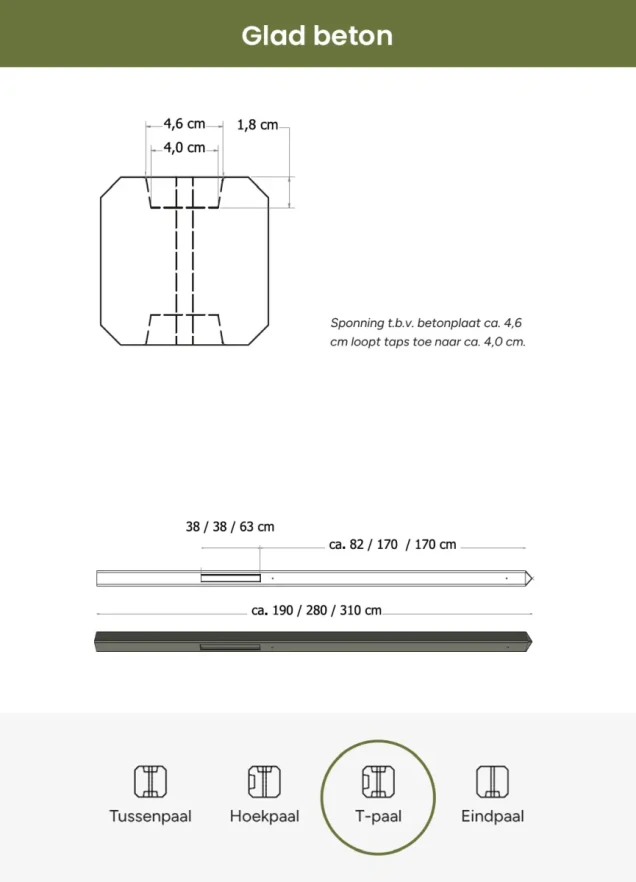 Betonpaal glad met diamantkop 10 x 10 x 280 cm, antraciet gecoat, T-paal.