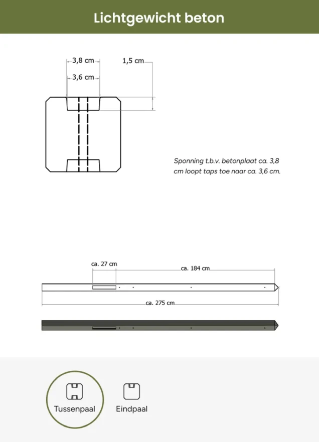 Lichtgewicht betonpaal met diamantkop ongecoat 8,5x8,5x280 cm, tussenpaal, antraciet.