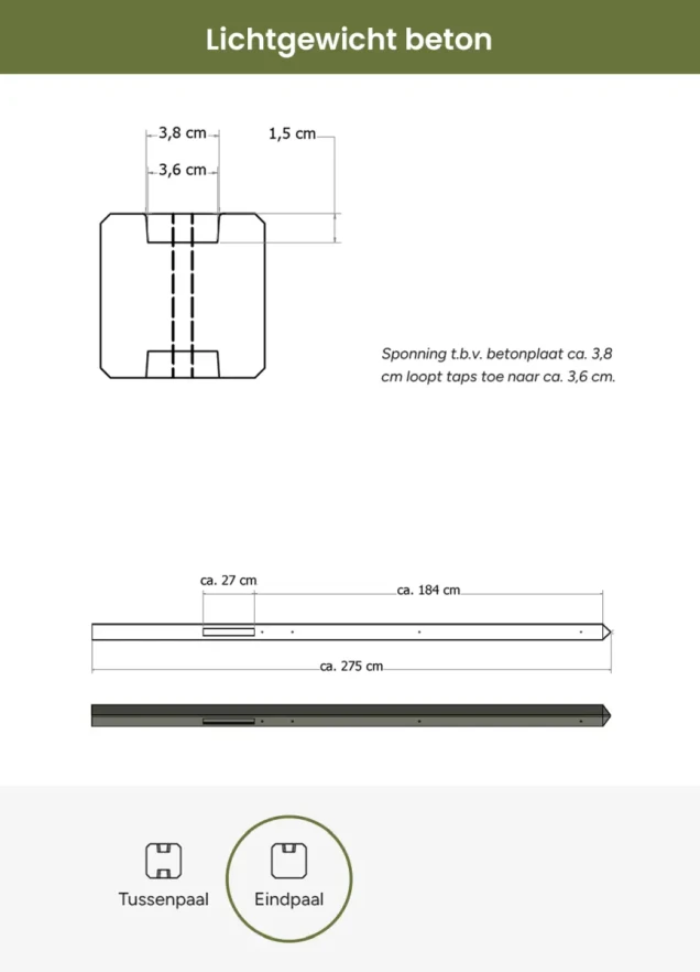 Lichtgewicht betonpaal met diamantkop ongecoat 8,5x8,5x280 cm, eindpaal, grijs.