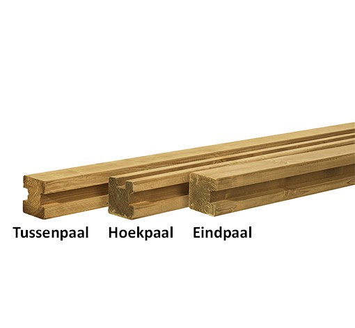 Grenen sleufpaal 8,8 x 8,8 x 270 cm, t.b.v. 28 mm profielplanken, tussenpaal, groen geïmpregneerd.