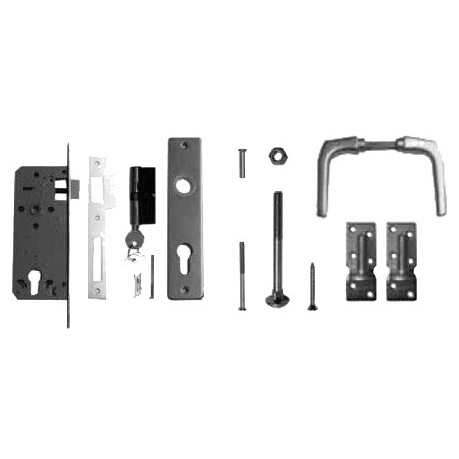 Aluminium deurklink met langschild, cilinderslot en duimen, t.b.v. deuren op stalen frame.